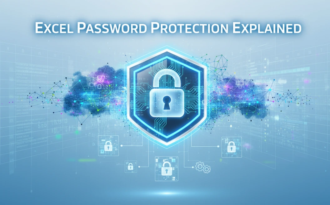 A Complete Guide to Excel Password Protection A graphic showing a lock on top of an Excel file, representing password protection and security.