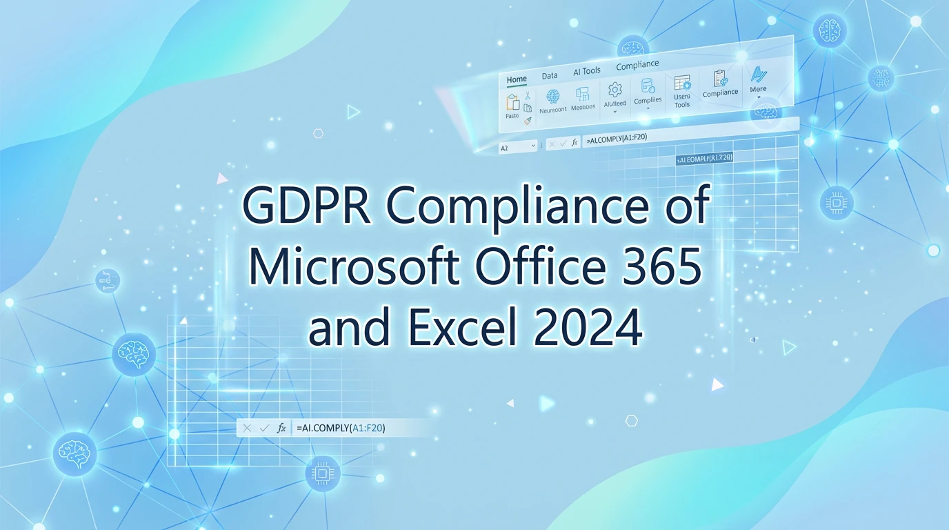 Microsoft 365 and Excel GDPR compliance illustration with security shields and encryption icons